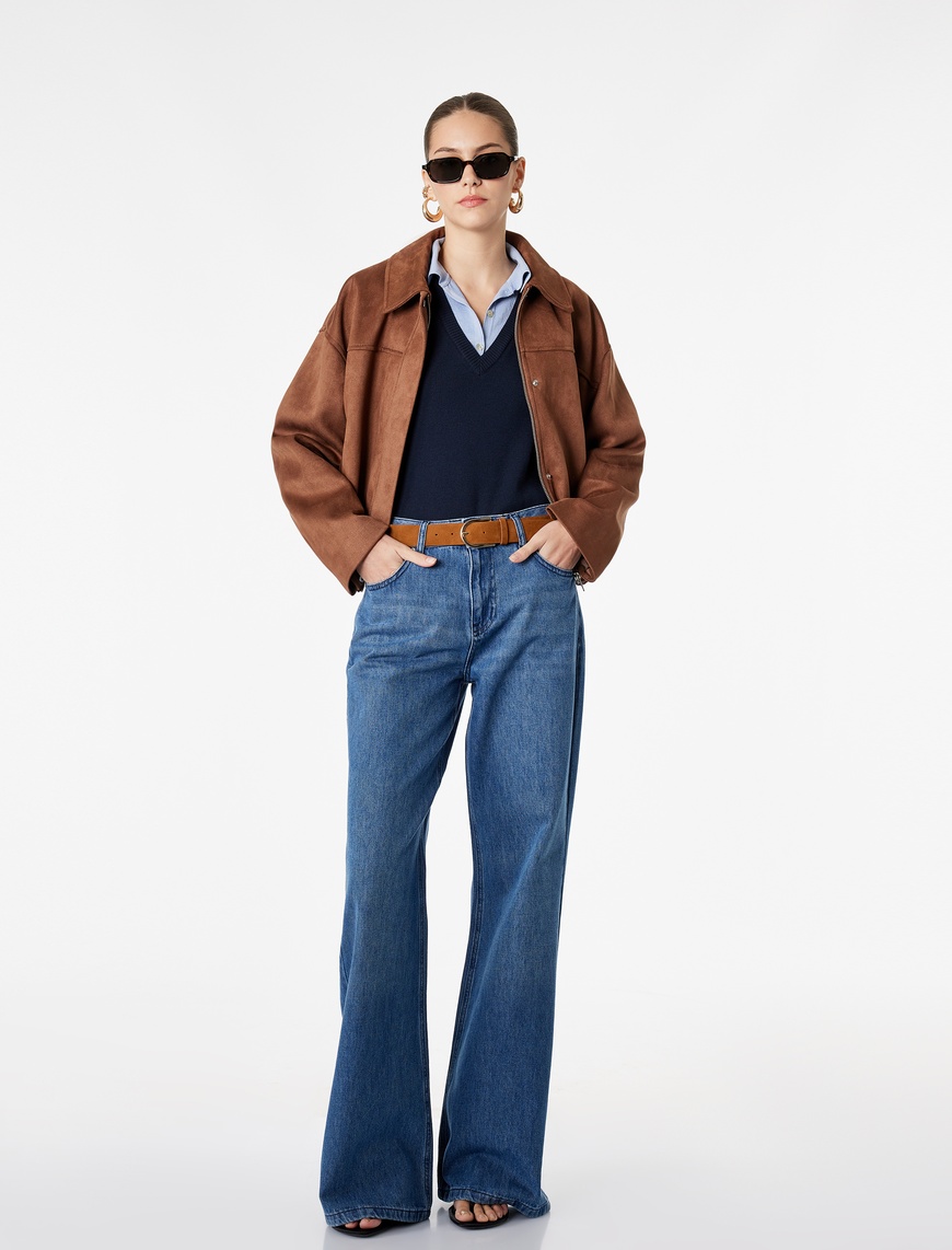 Koton Kadın Normal Bel Pamuklu Cepli Kemerli İspanyol Paça Jean Pantolon – Flare Jeans