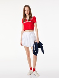 Kısa Kollu Baskılı Pamuklu Polo Yaka Crop Tişört