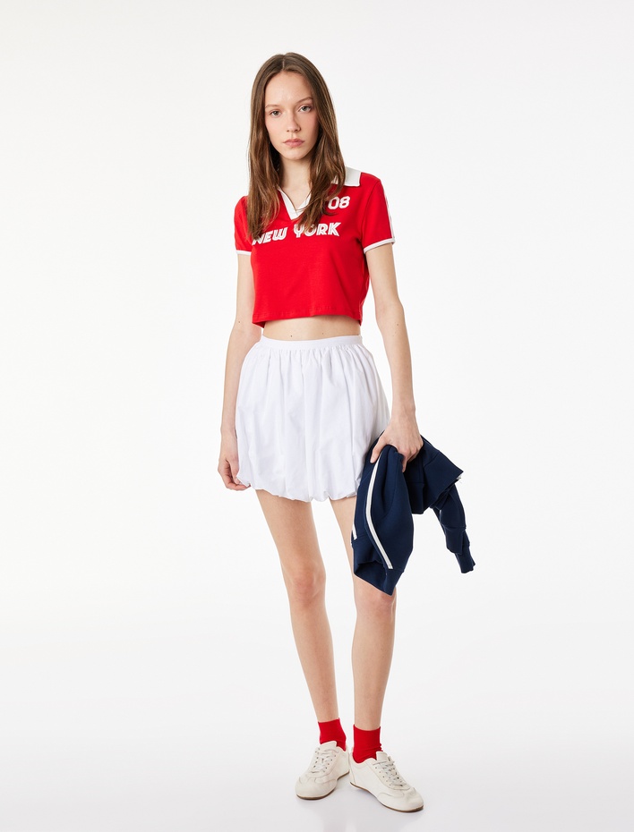  Kısa Kollu Baskılı Pamuklu Polo Yaka Crop Tişört