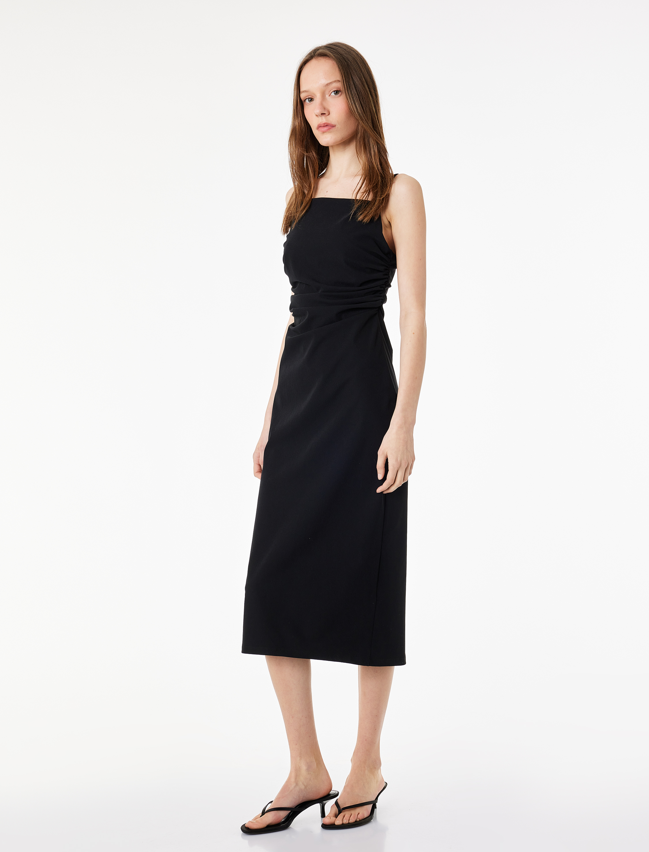   Slim Fit Kare Yaka İp Askılı Bodycon Midi Drapeli Elbise