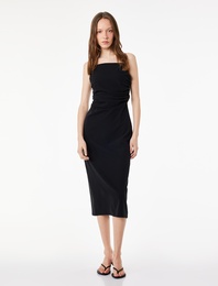 Slim Fit Kare Yaka İp Askılı Bodycon Midi Drapeli Elbise