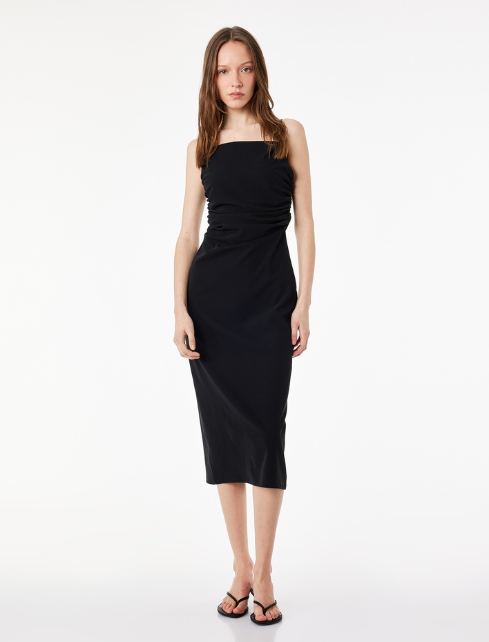  Slim Fit Kare Yaka İp Askılı Bodycon Midi Drapeli Elbise