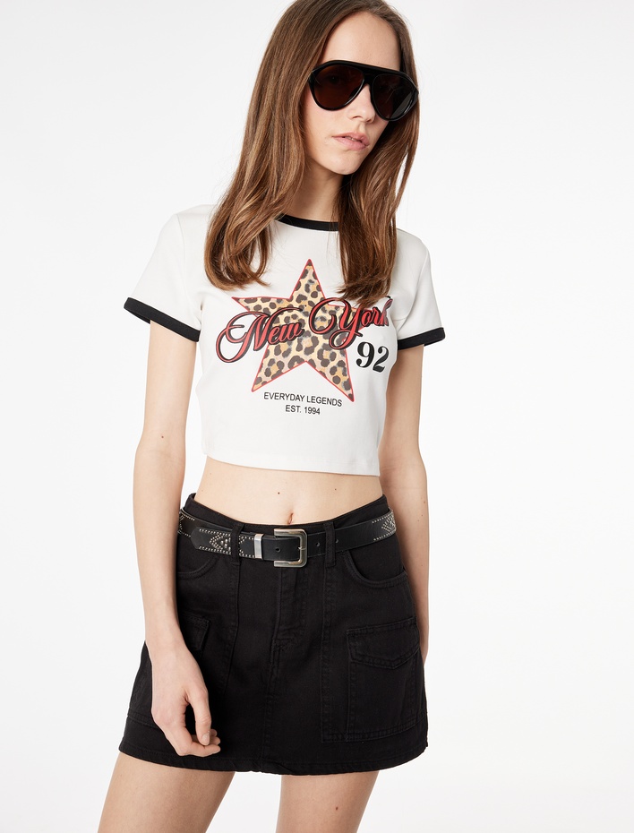  Slim Fit Kısa Kollu Bisiklet Yaka Leopar Baskılı Pamuklu Tişört