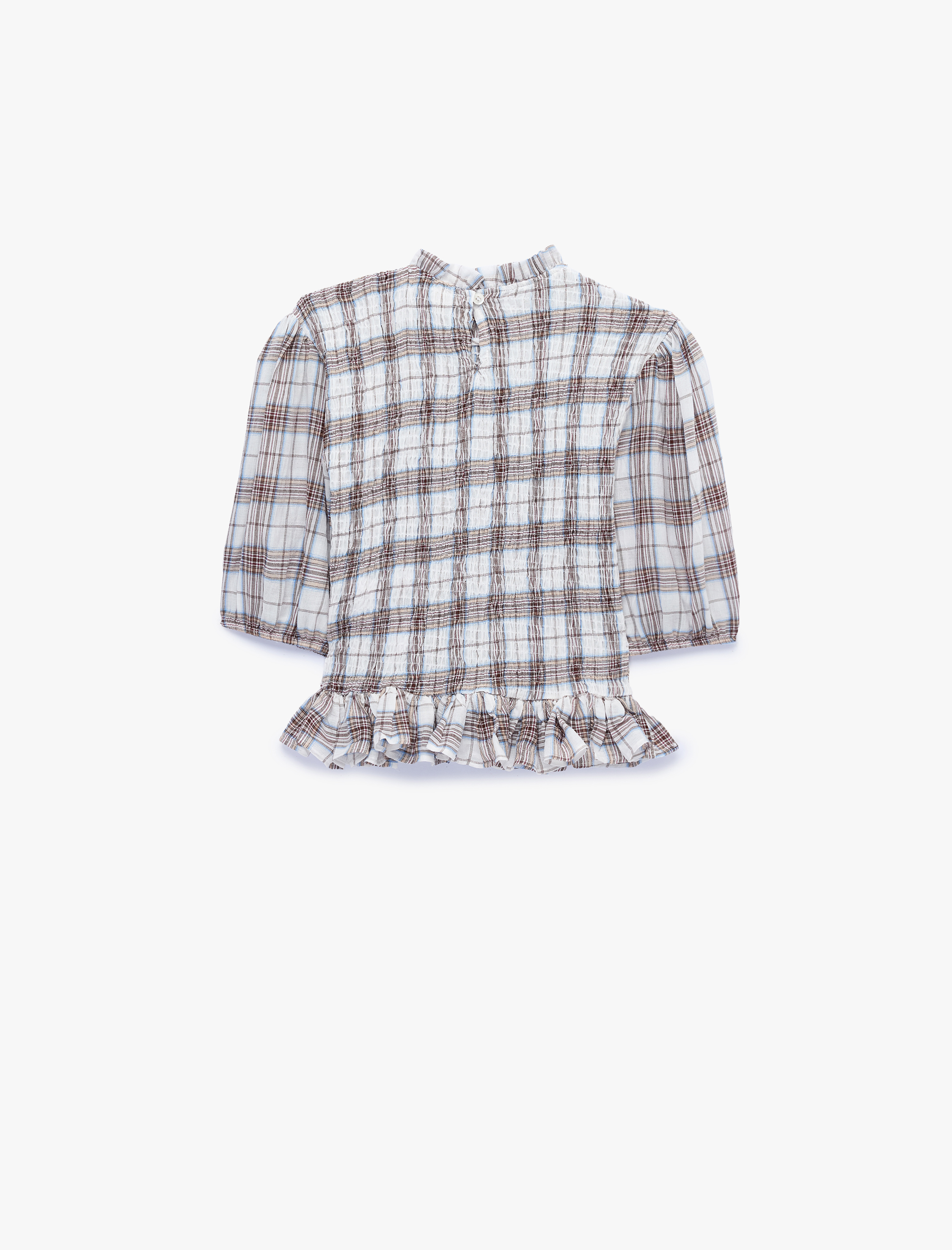   Slim Fit Kısa Balon Kollu Fırfırlı Yaka Ekose Bluz