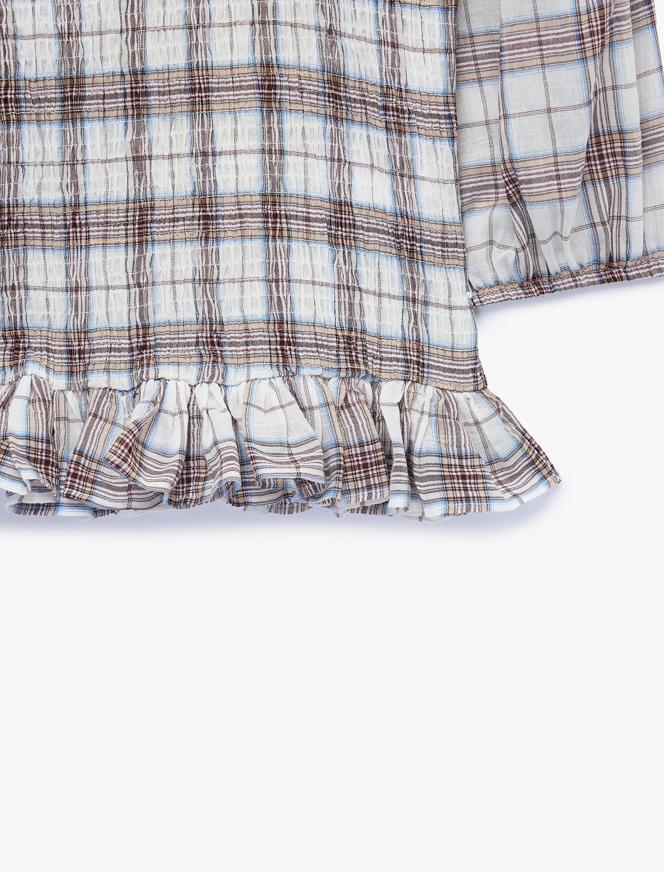   Slim Fit Kısa Balon Kollu Fırfırlı Yaka Ekose Bluz