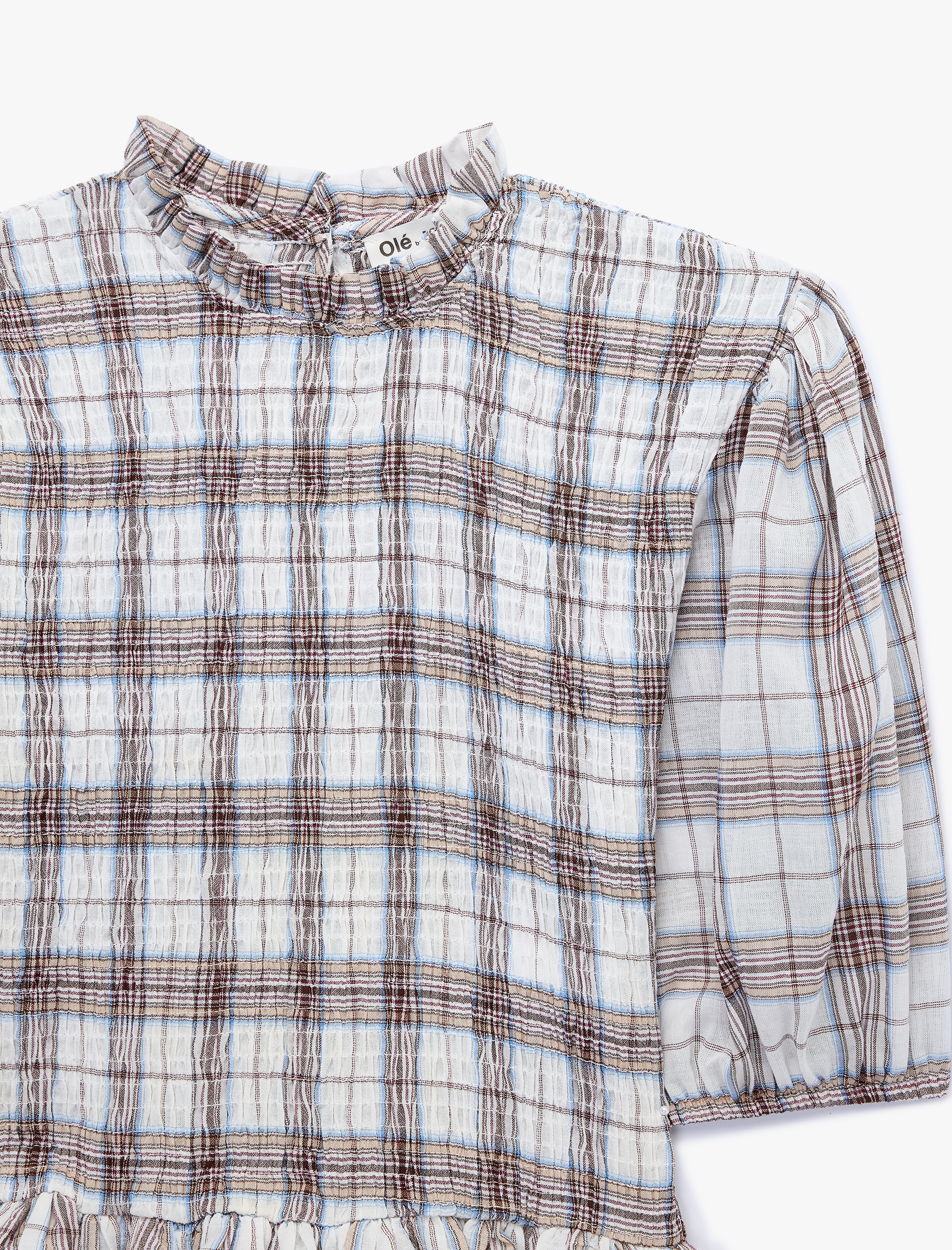   Slim Fit Kısa Balon Kollu Fırfırlı Yaka Ekose Bluz