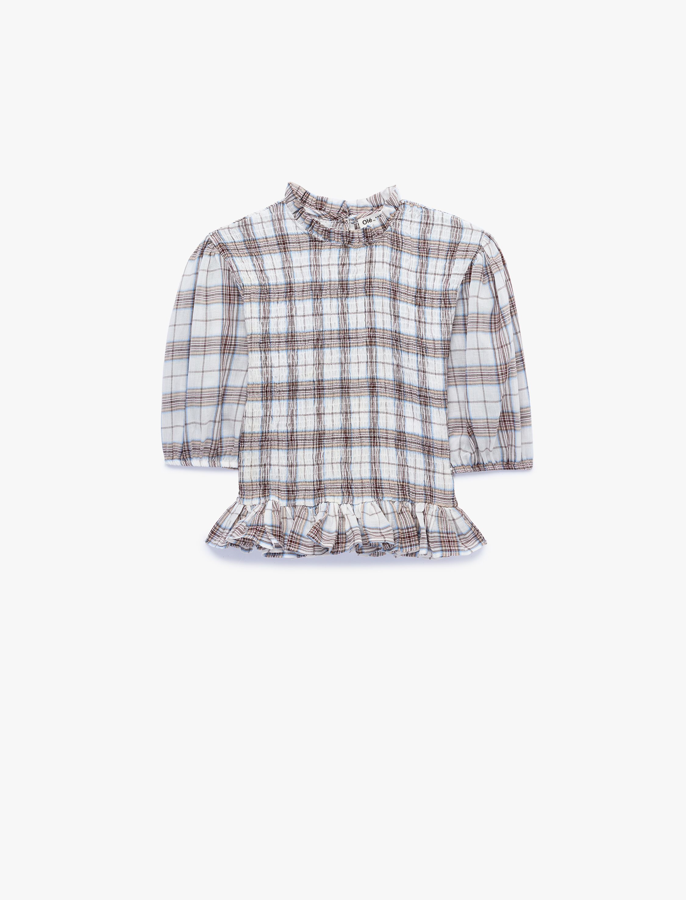   Slim Fit Kısa Balon Kollu Fırfırlı Yaka Ekose Bluz