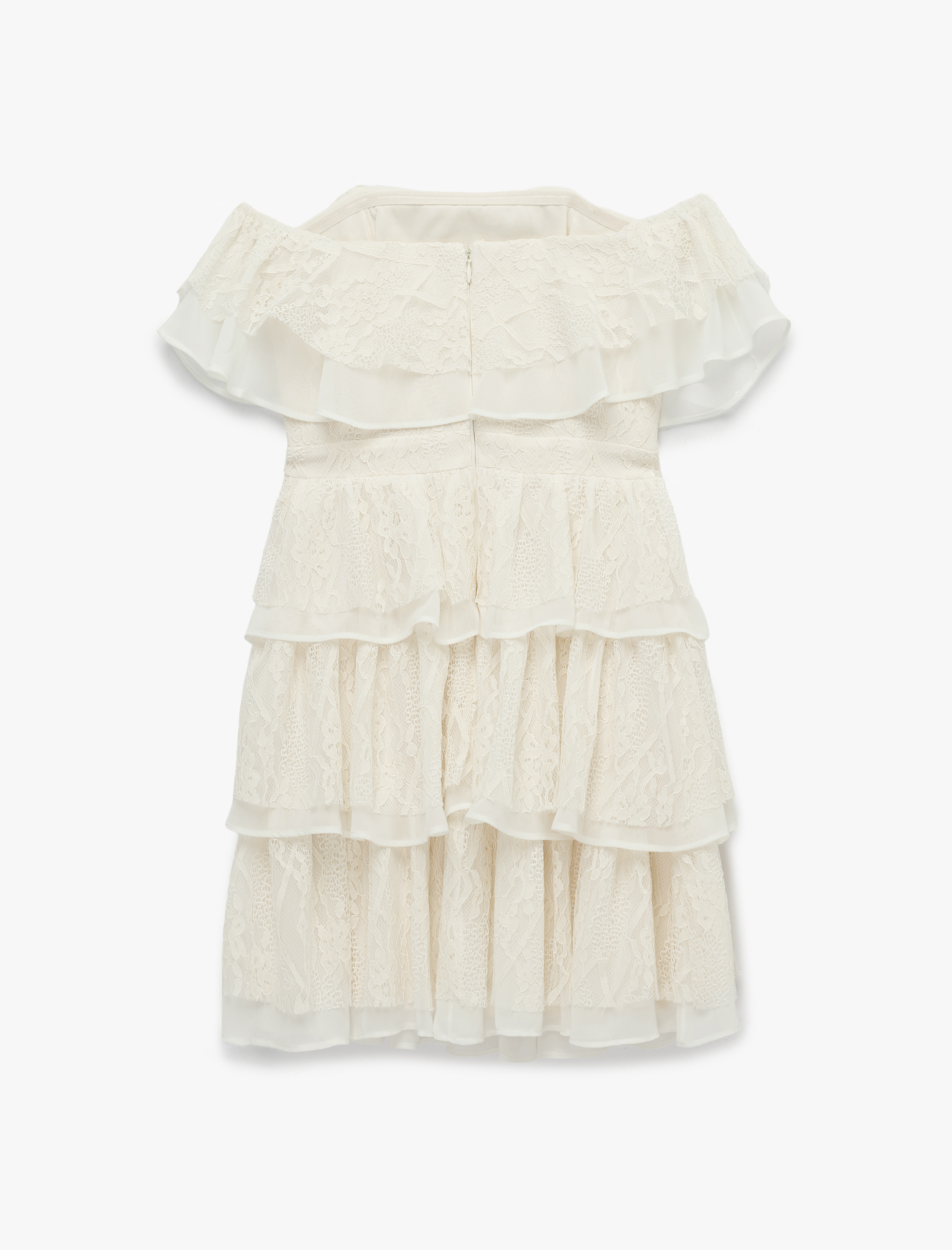   Kısa Kollu Kare Yaka Omzu Açık Fiyonklu Katlı Mini Dantelli Elbise