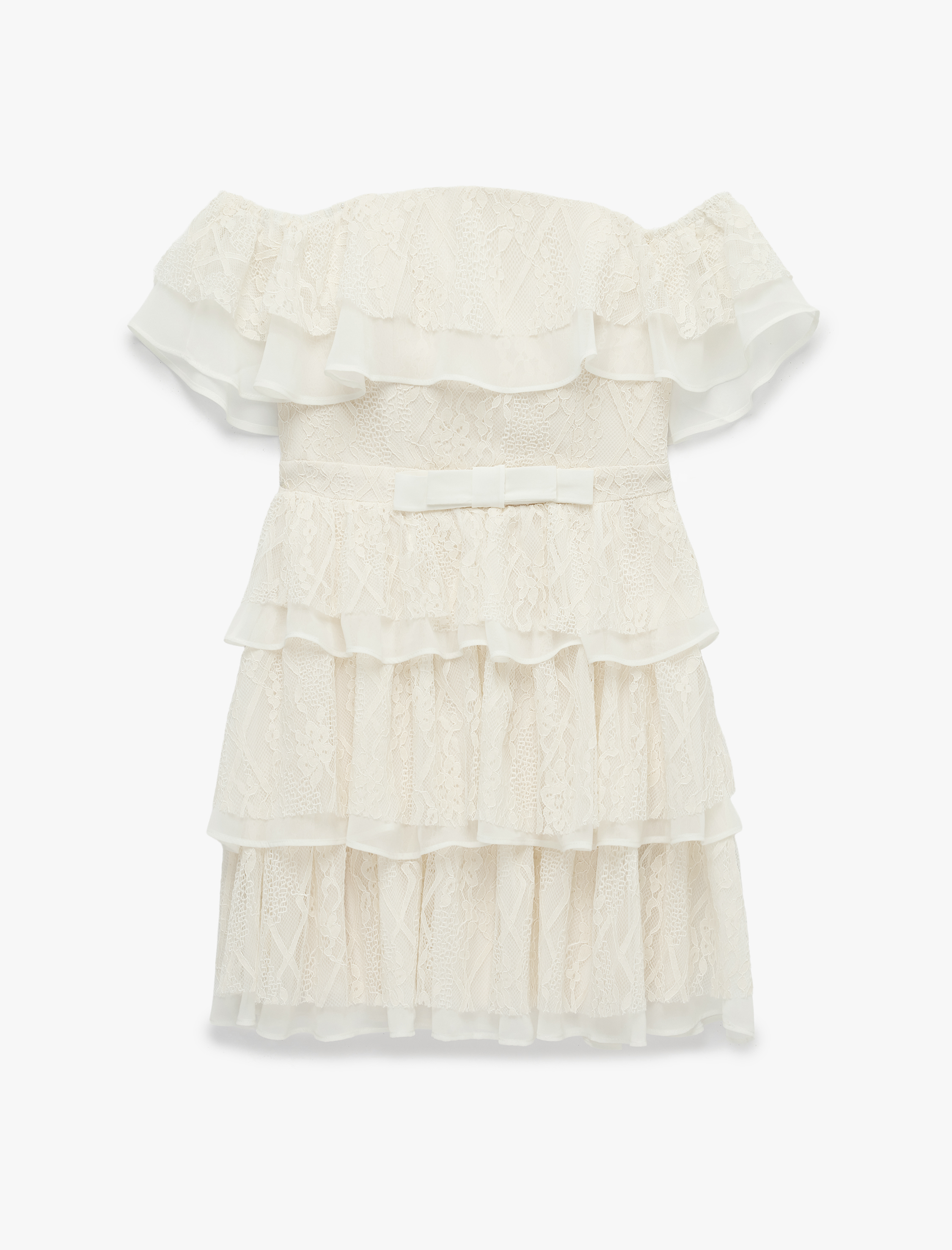   Kısa Kollu Kare Yaka Omzu Açık Fiyonklu Katlı Mini Dantelli Elbise