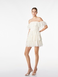 Kısa Kollu Kare Yaka Omzu Açık Fiyonklu Katlı Mini Dantelli Elbise