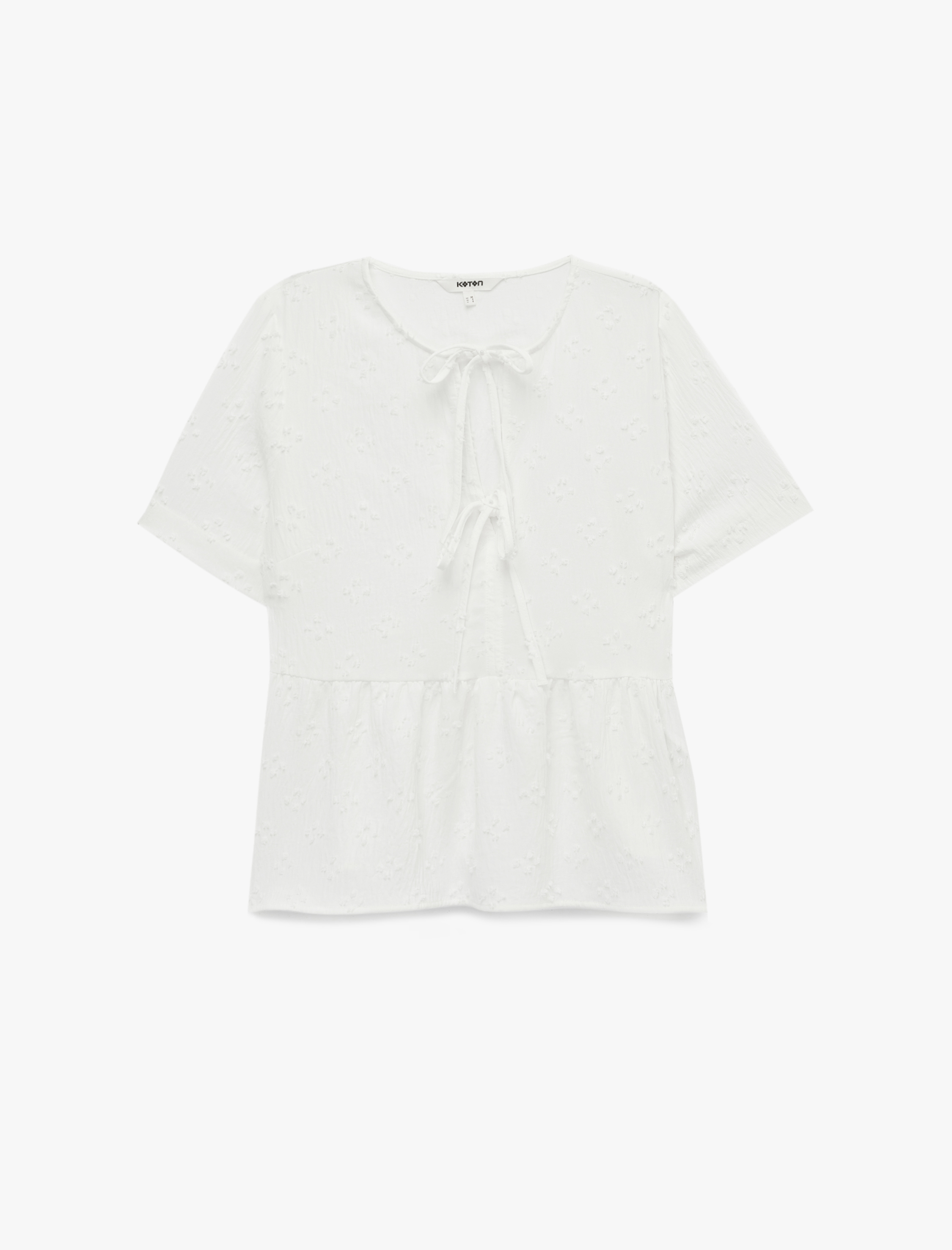   Bağlamalı Fiyonk Detaylı Kısa Kollu Dokulu Peplum Bluz