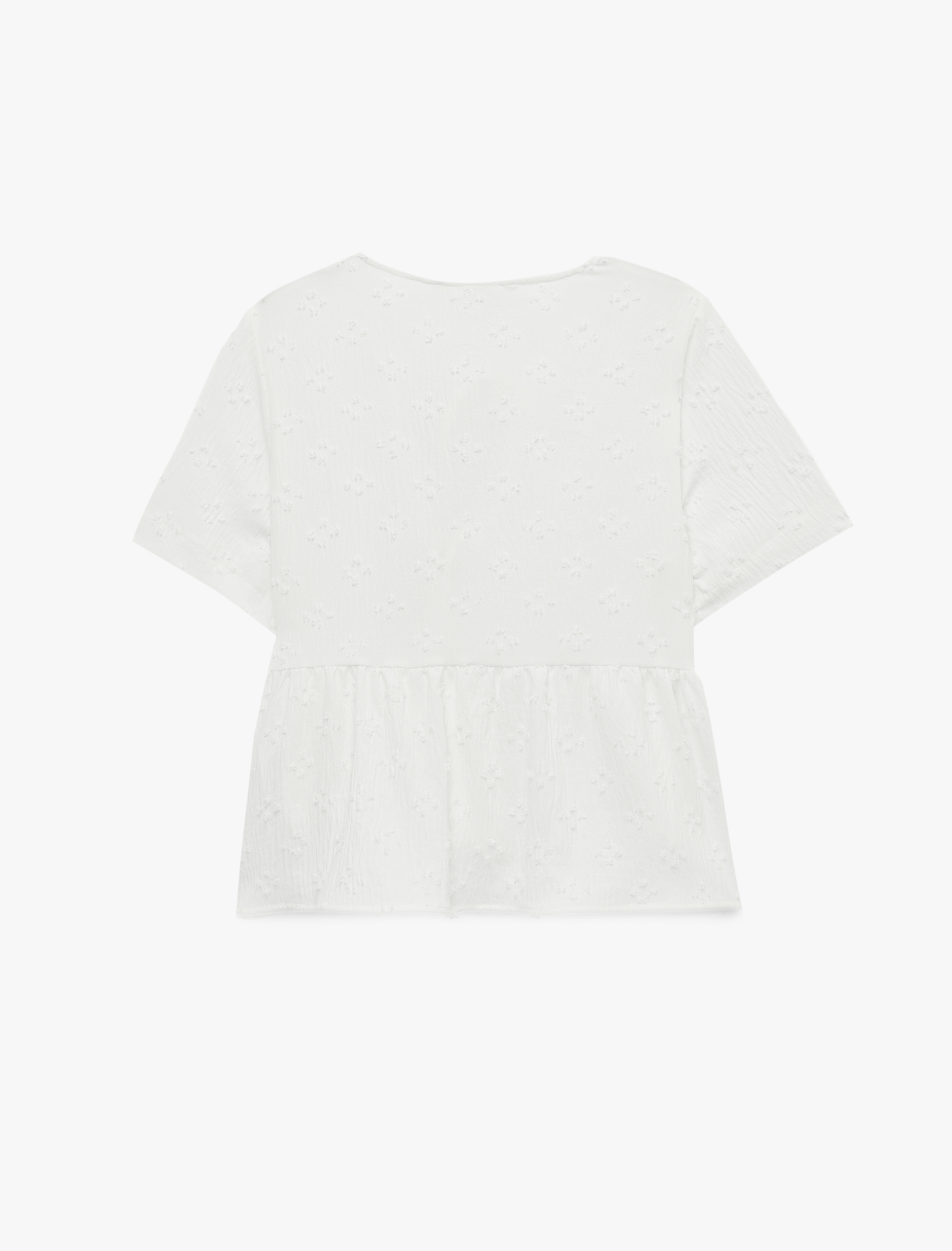   Bağlamalı Fiyonk Detaylı Kısa Kollu Dokulu Peplum Bluz