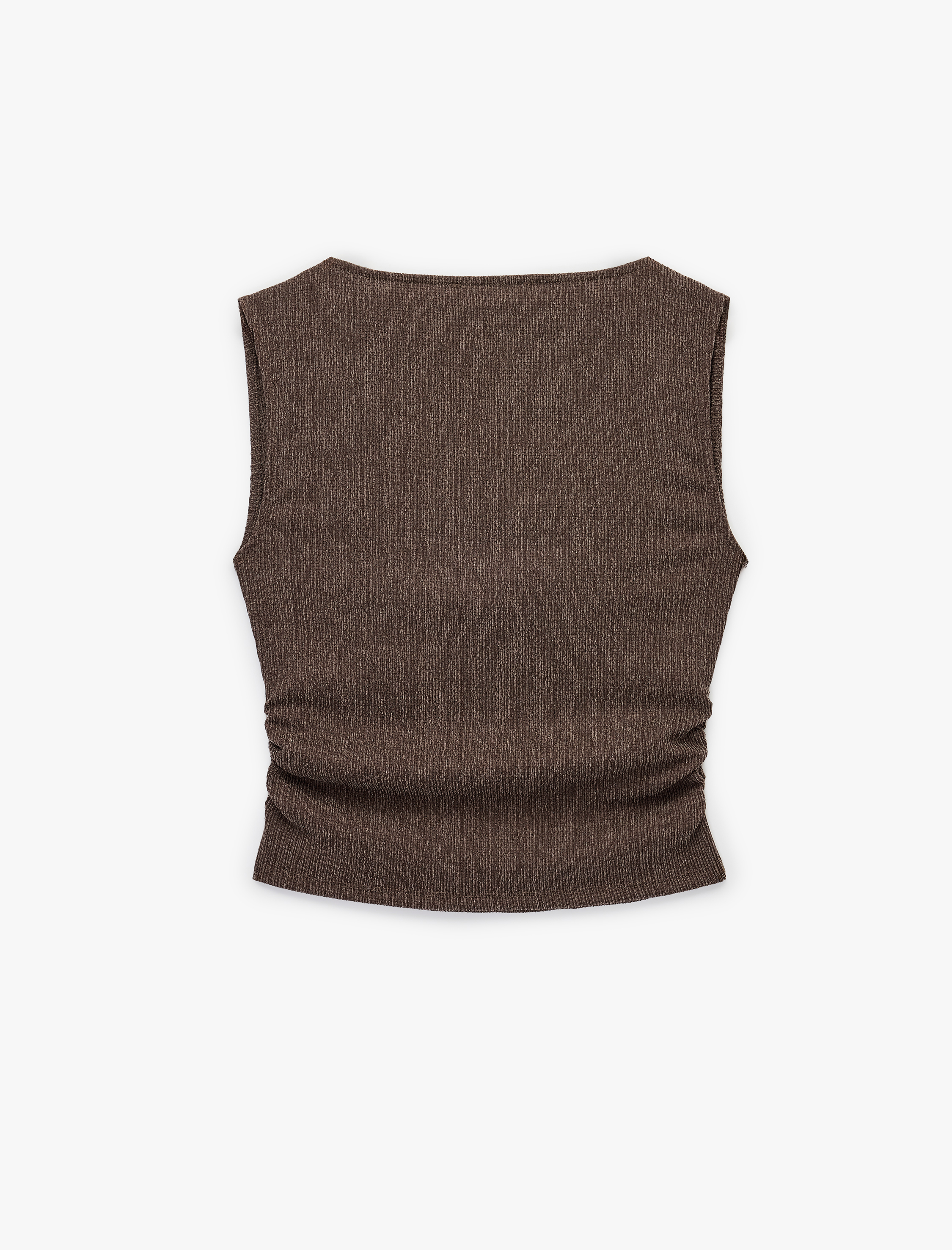   Büzgülü Kayık Yaka Slim Fit Bürümcük Kolsuz Bluz