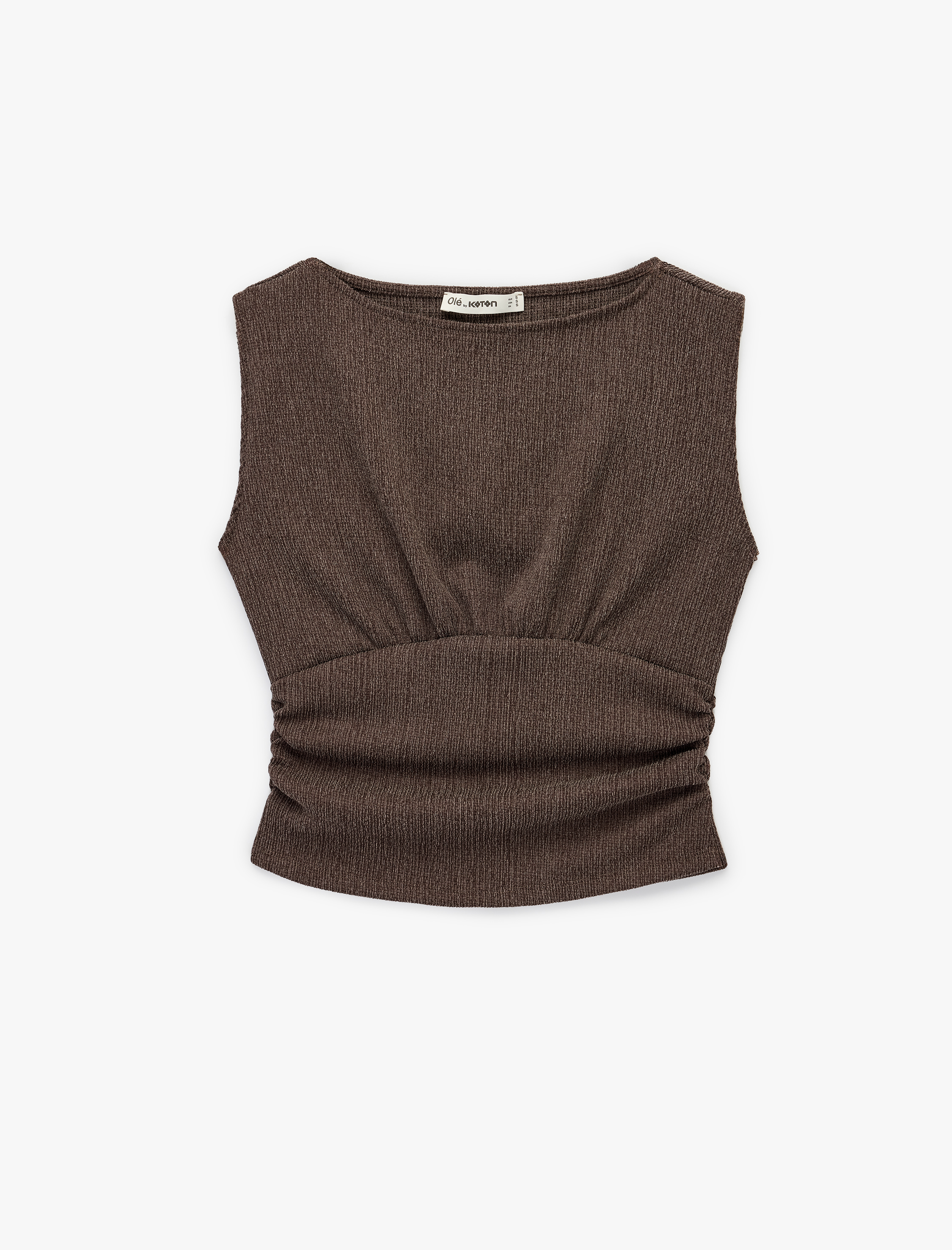   Büzgülü Kayık Yaka Slim Fit Bürümcük Kolsuz Bluz