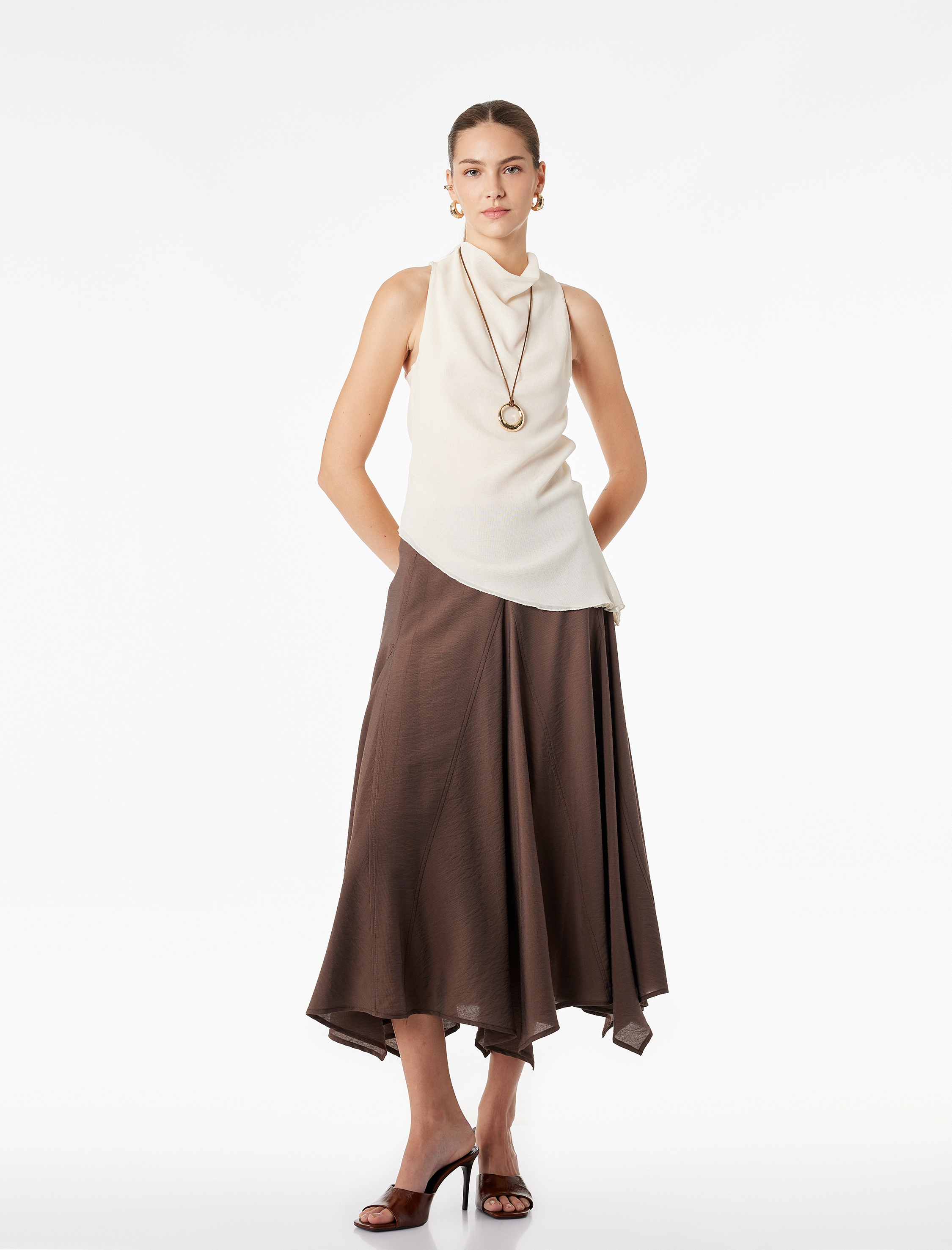   Viskon Kumaş Asimetrik Kesim Midi Etek