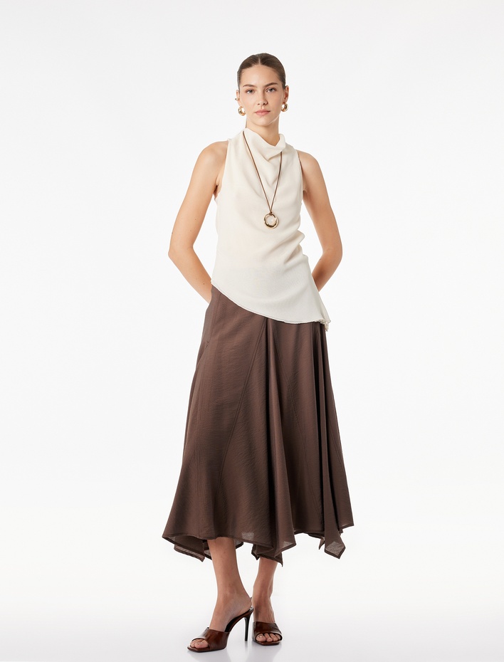  Viskon Kumaş Asimetrik Kesim Midi Etek