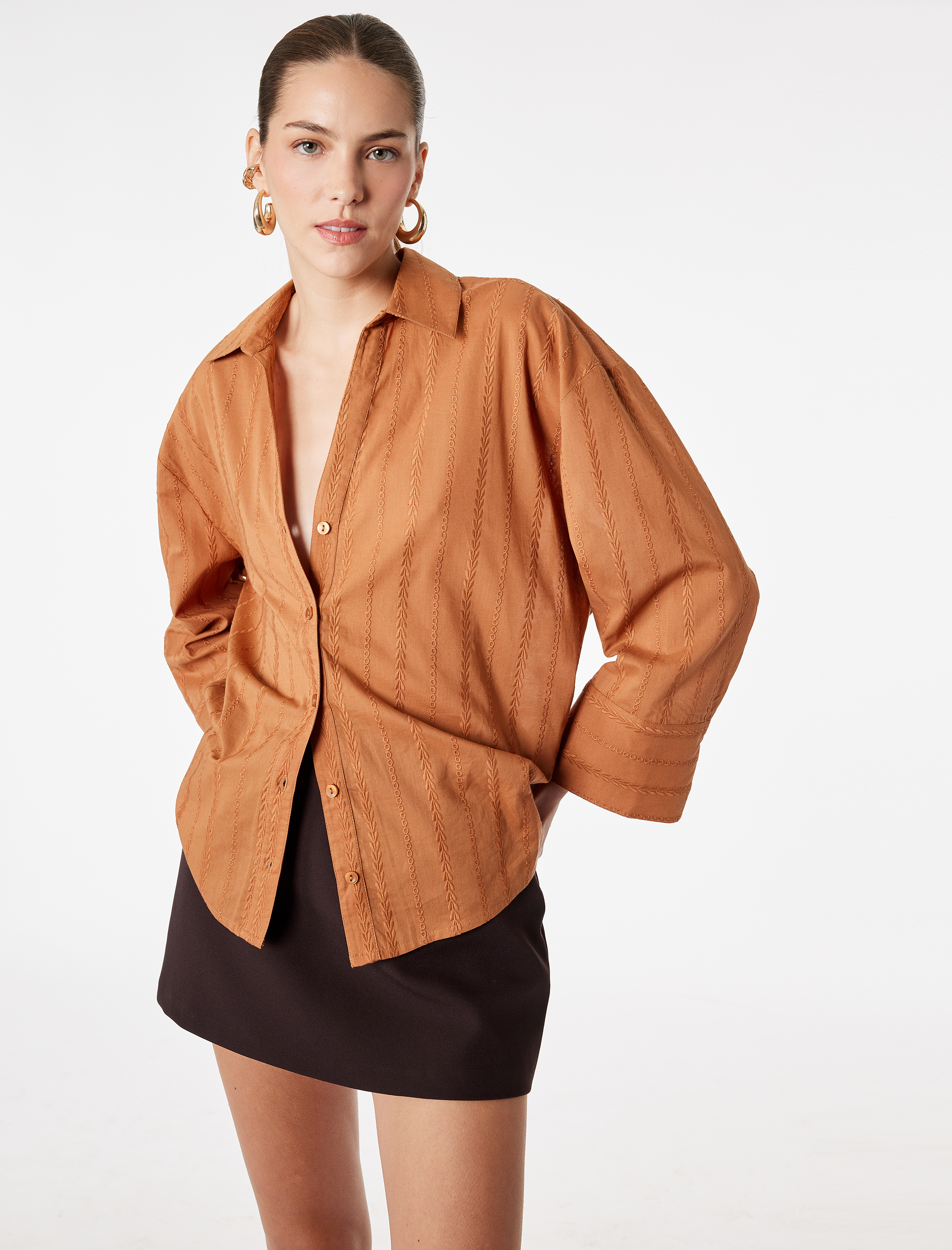   Pamuklu Uzun Kollu Nakış Detaylı Brodeli Oversize Poplin Gömlek