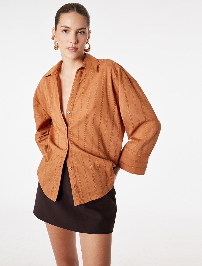  Pamuklu Uzun Kollu Nakış Detaylı Brodeli Oversize Poplin Gömlek