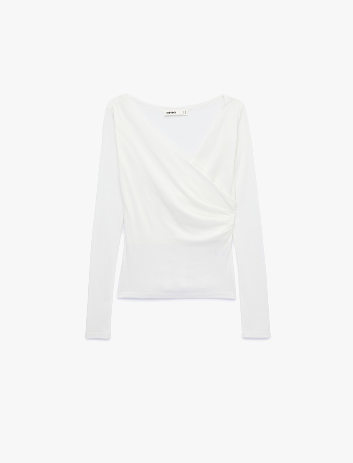  Slim Fit Drape Detaylı Uzun Kollu Kruvaze Tişört