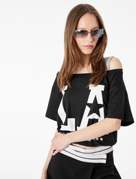 Rahat Kalıp Kısa Kollu Atletli Omzu Açık Pamuklu Crop Tişört