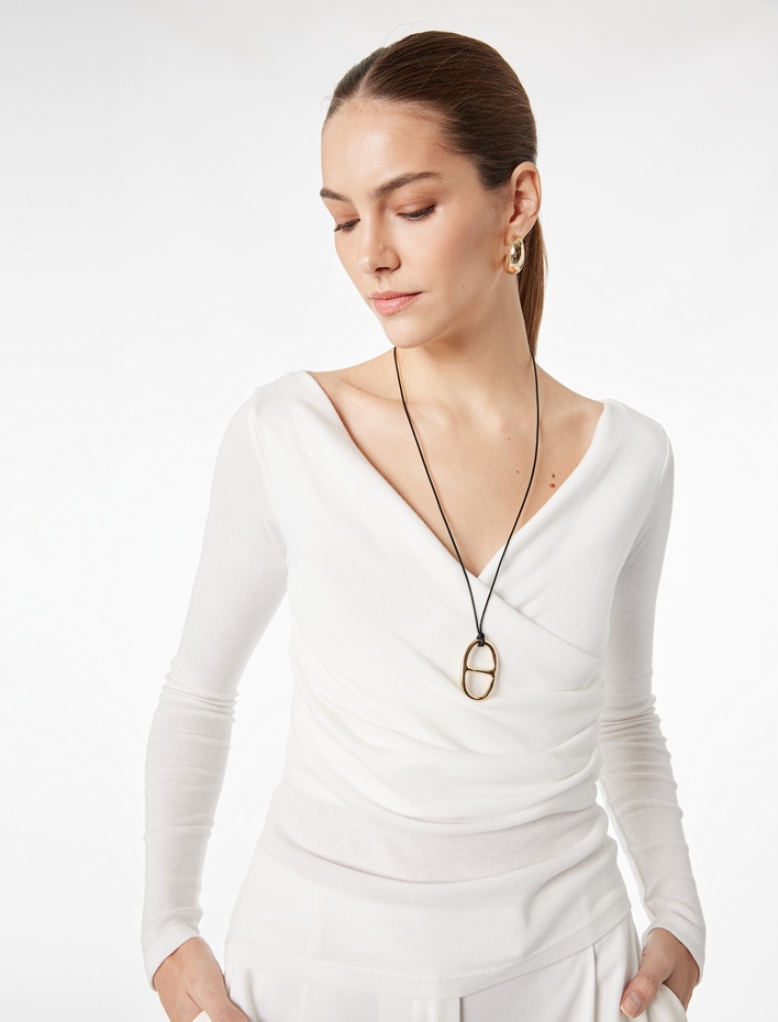  Slim Fit Drape Detaylı Uzun Kollu Kruvaze Tişört