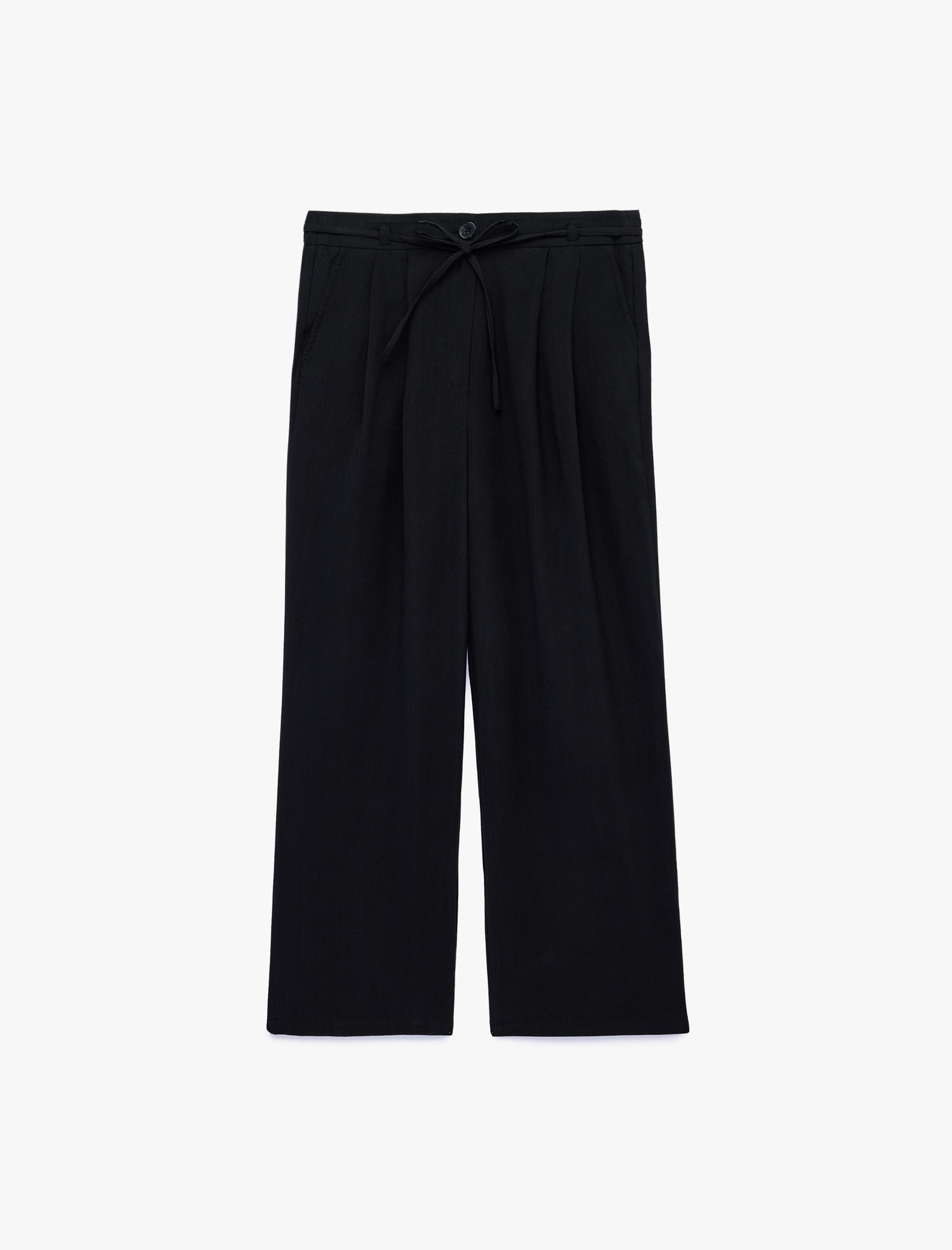   Beli Bağcıklı Cep Detaylı Geniş Paça Kumaş Pantolon