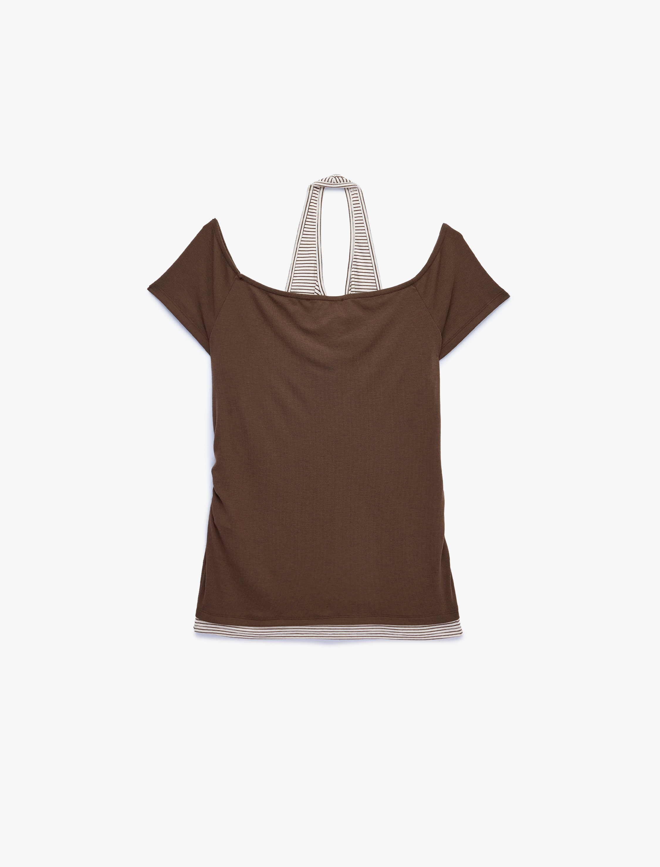   Slim Fit Atlet Detaylı Kısa Kollu Viskon Karışımlı Omzu Açık Tişört