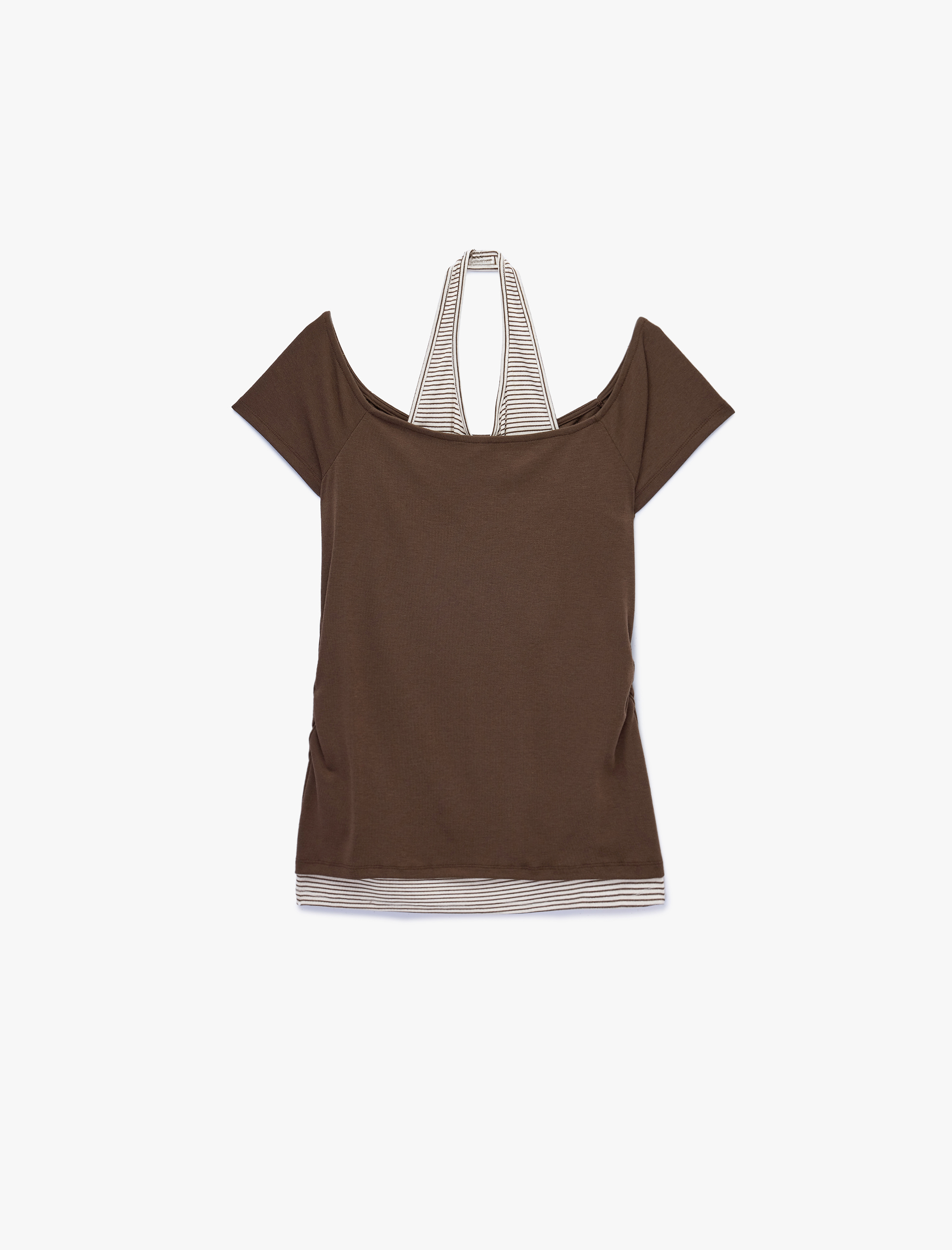   Slim Fit Atlet Detaylı Kısa Kollu Viskon Karışımlı Omzu Açık Tişört