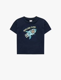 Pamuklu Bisiklet Yaka Kısa Kollu Baskılı Tişört