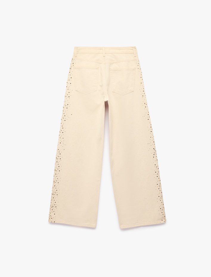  Cepli Taş Detaylı Geniş Paça Denim Pantolon -  Wide Leg Jeans