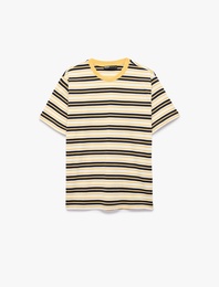 Regular Fit Kısa Kollu Bisiklet Yaka Pamuklu Çizgili Tişört