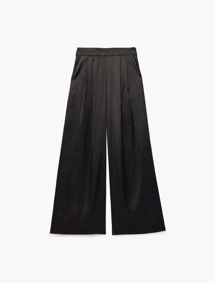  Cep Detaylı Pileli Saten Geniş Paça Pantolon