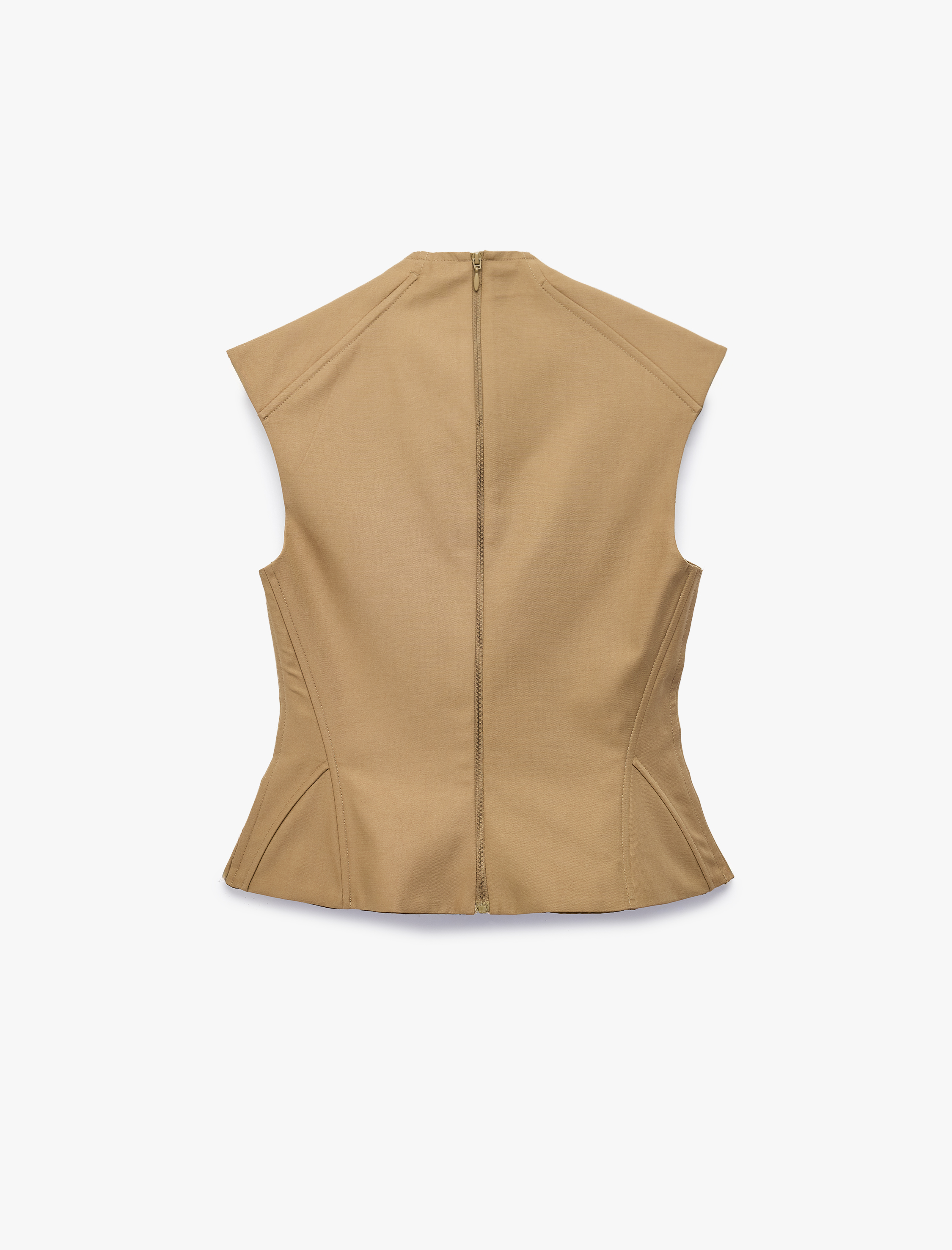   Slim Fit Dik Yaka Fermuarlı Bağcıklı Pencere Detaylı Kolsuz Bluz