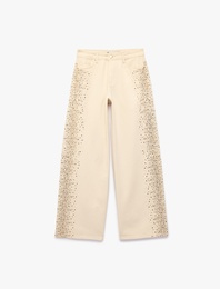 Cepli Taş Detaylı Geniş Paça Denim Pantolon -  Wide Leg Jeans