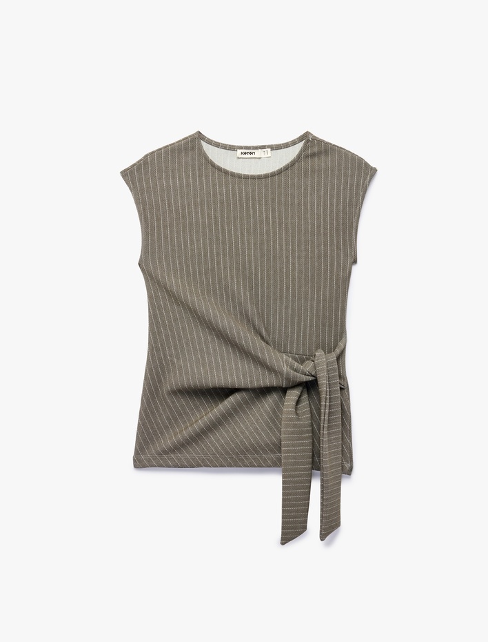  Bağlama Detaylı Çizgili Kolsuz Bluz