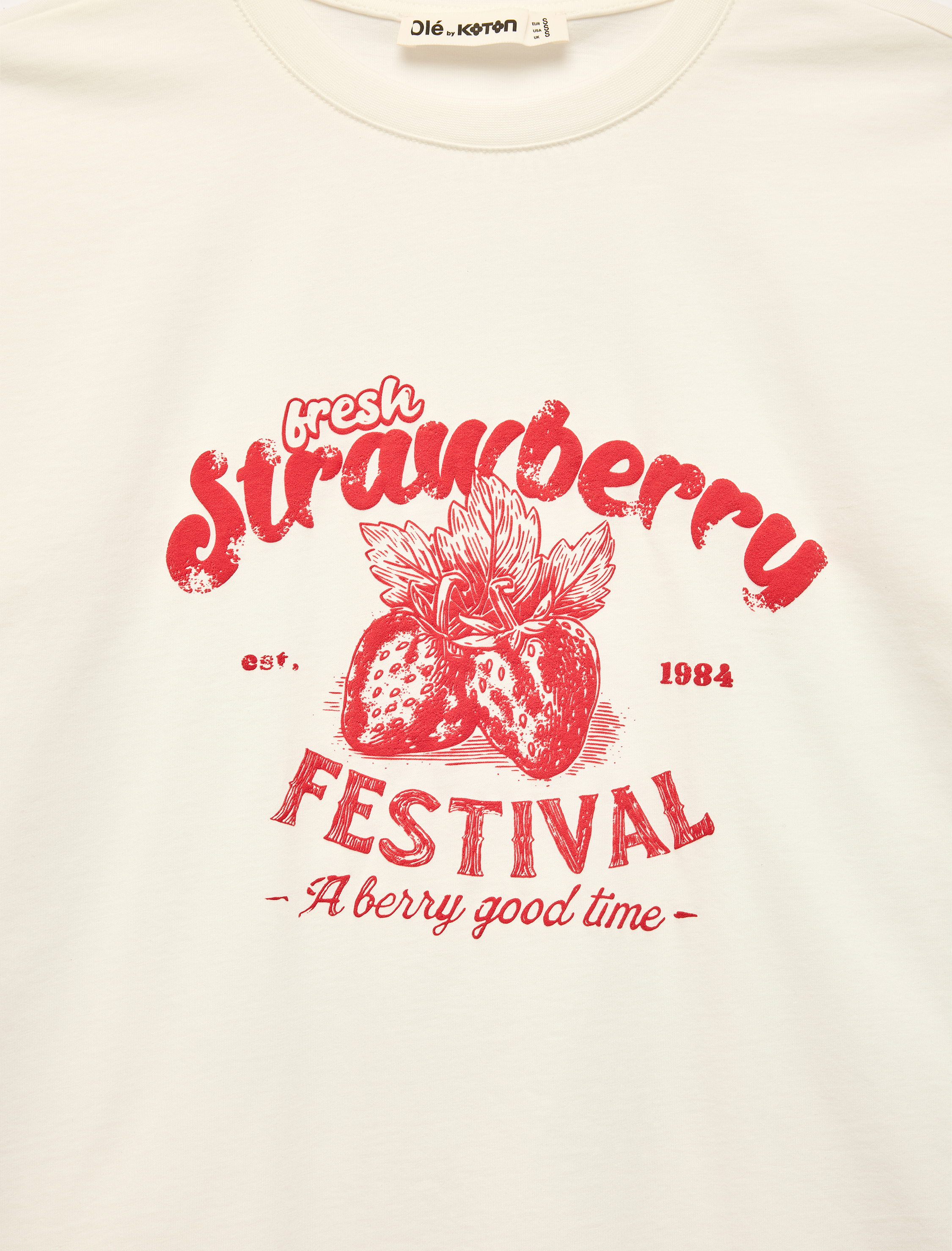   Kısa Kollu Bisiklet Yaka Çilek Baskılı Rahat Kalıp Pamuklu Tişört