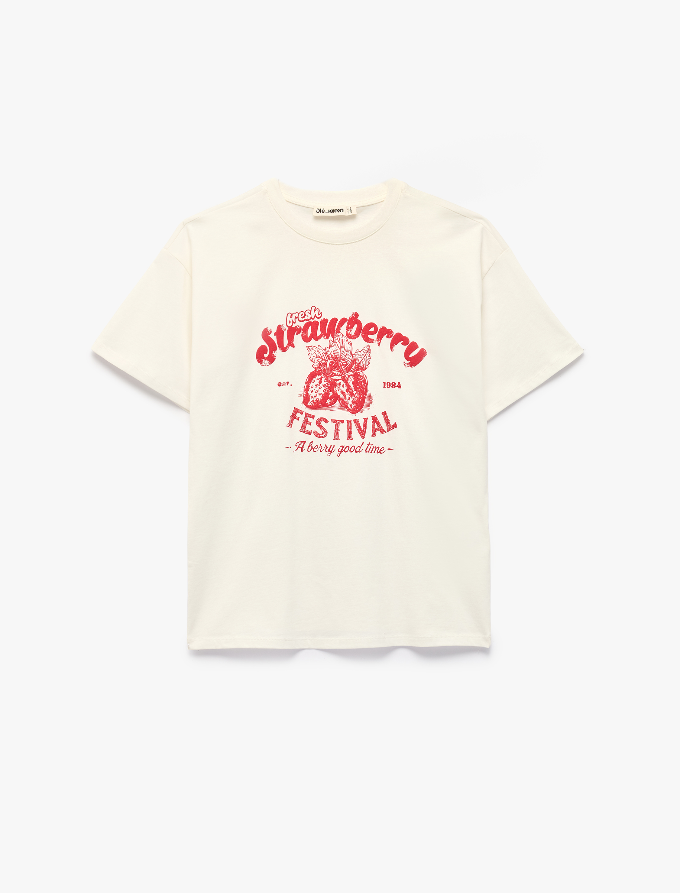   Kısa Kollu Bisiklet Yaka Çilek Baskılı Rahat Kalıp Pamuklu Tişört