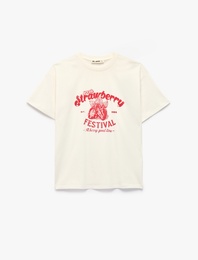 Kısa Kollu Bisiklet Yaka Çilek Baskılı Rahat Kalıp Pamuklu Tişört