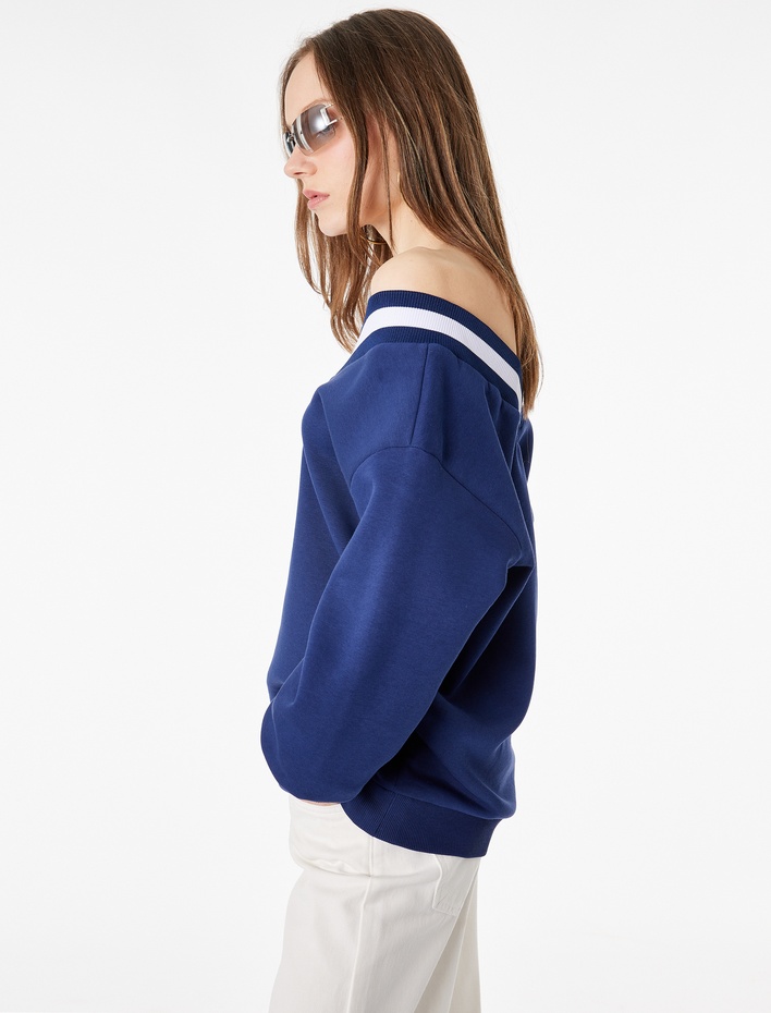  Şardonlu Atletli Çizgili Uzun Balon Kollu V Yaka Oversize Sweatshirt