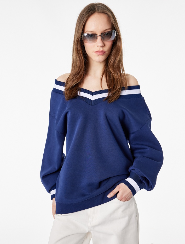  Şardonlu Atletli Çizgili Uzun Balon Kollu V Yaka Oversize Sweatshirt