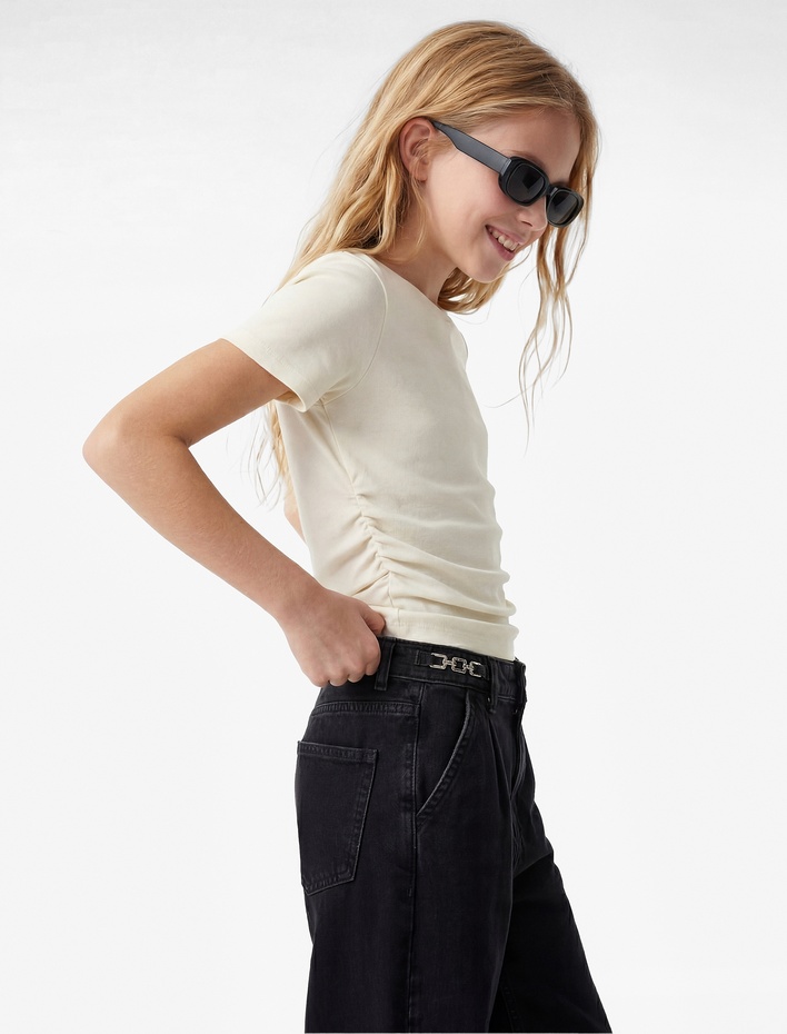 Kız Çocuk Pamuklu Aksesuar Detaylı Cepli Geniş Paça Denim Pantolon - Wide Leg Jeans