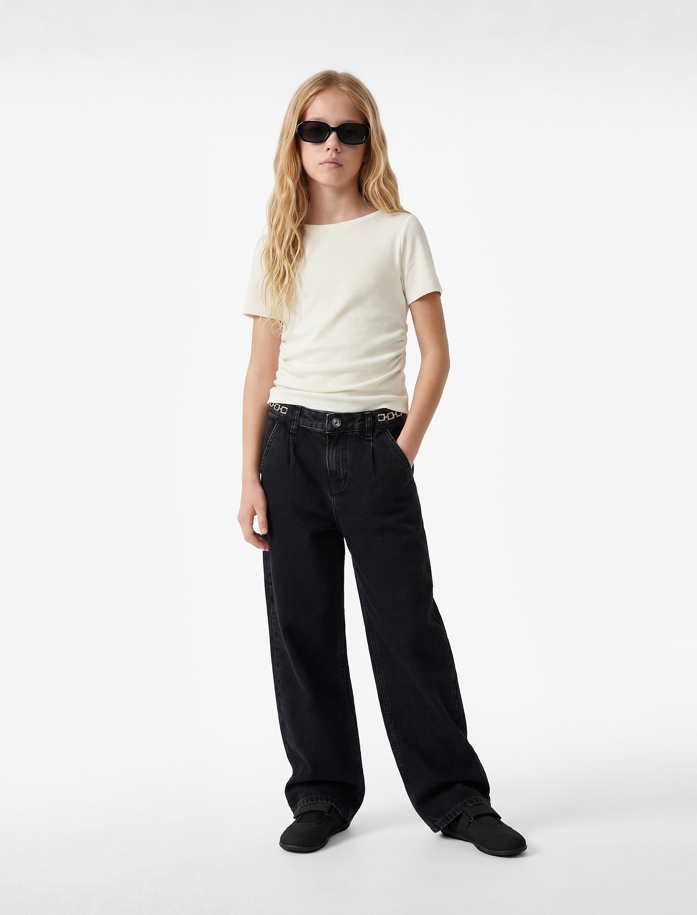  Kız Çocuk Pamuklu Aksesuar Detaylı Cepli Geniş Paça Denim Pantolon - Wide Leg Jeans