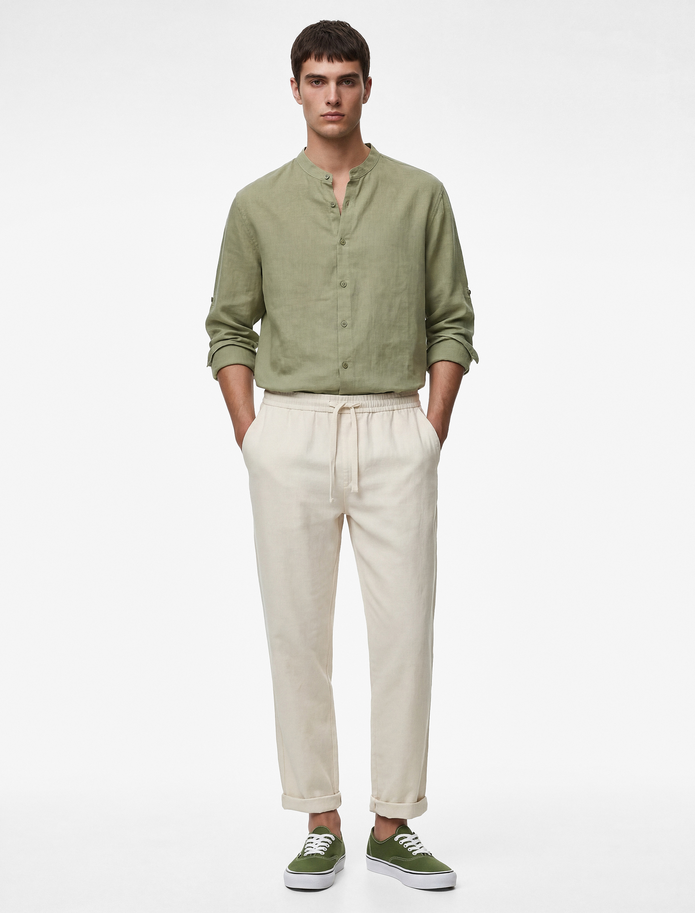   Regular Fit Uzun Kollu Düğmeli Hakim Yaka Keten Gömlek