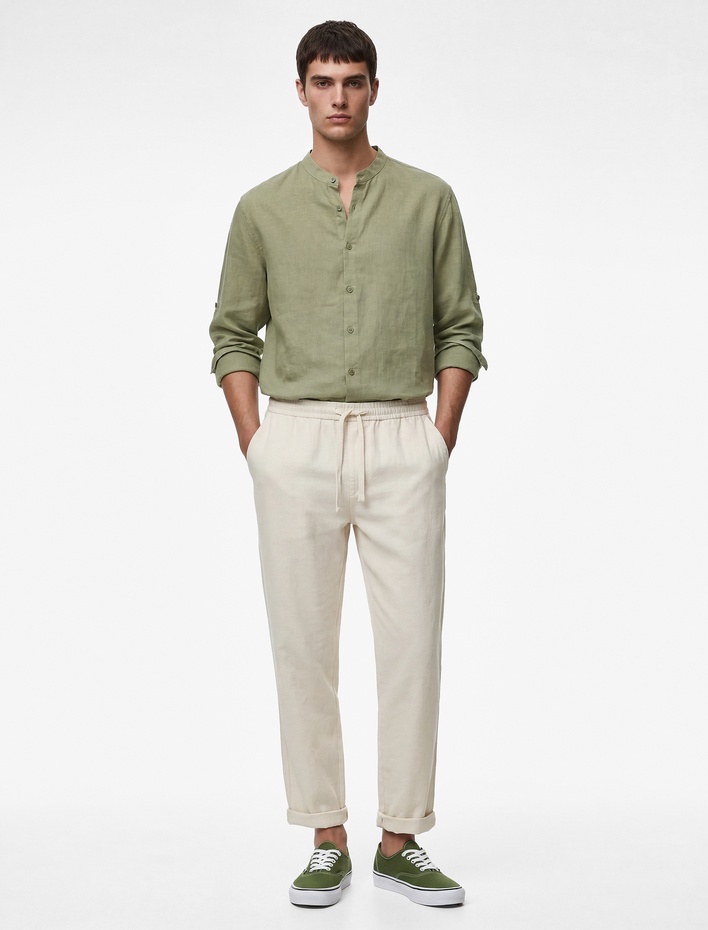  Regular Fit Uzun Kollu Düğmeli Hakim Yaka Keten Gömlek