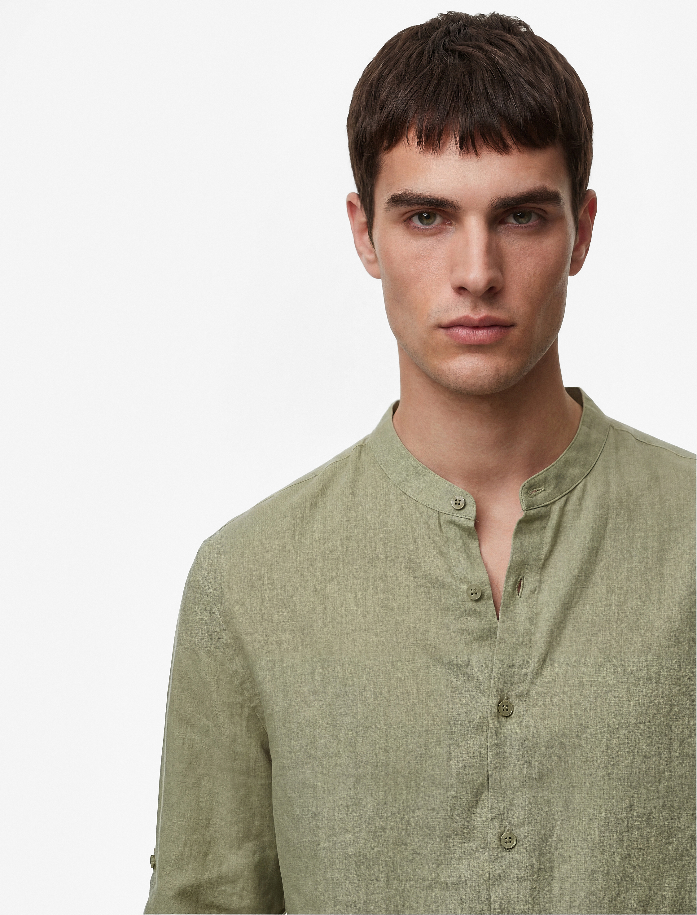   Regular Fit Uzun Kollu Düğmeli Hakim Yaka Keten Gömlek