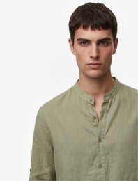 Regular Fit Uzun Kollu Düğmeli Hakim Yaka Keten Gömlek