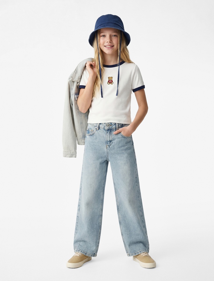 Kız Çocuk Pamuklu Cepli Geniş Paça Denim Pantolon