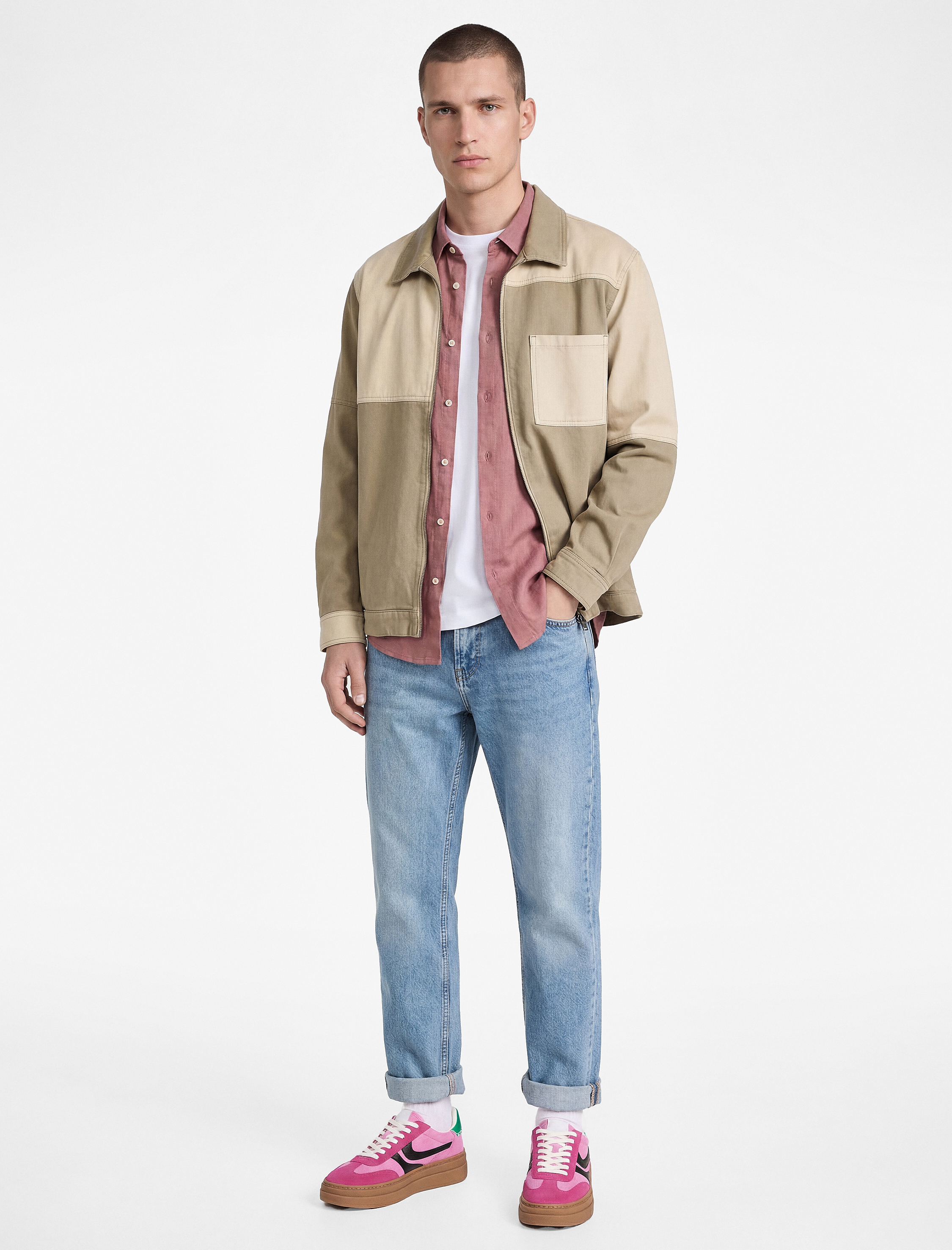 Uzun Kollu Cepli Pamuklu Renk Bloklu Klasik Yaka Fermuarlı Gabardin Gömlek Ceket