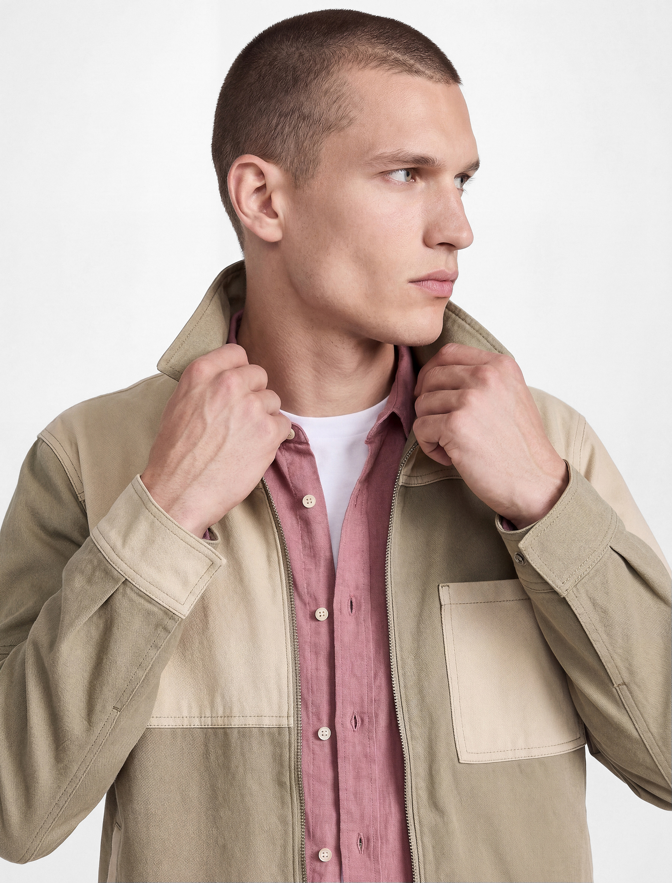 Uzun Kollu Cepli Pamuklu Renk Bloklu Klasik Yaka Fermuarlı Gabardin Gömlek Ceket - Görsel 3