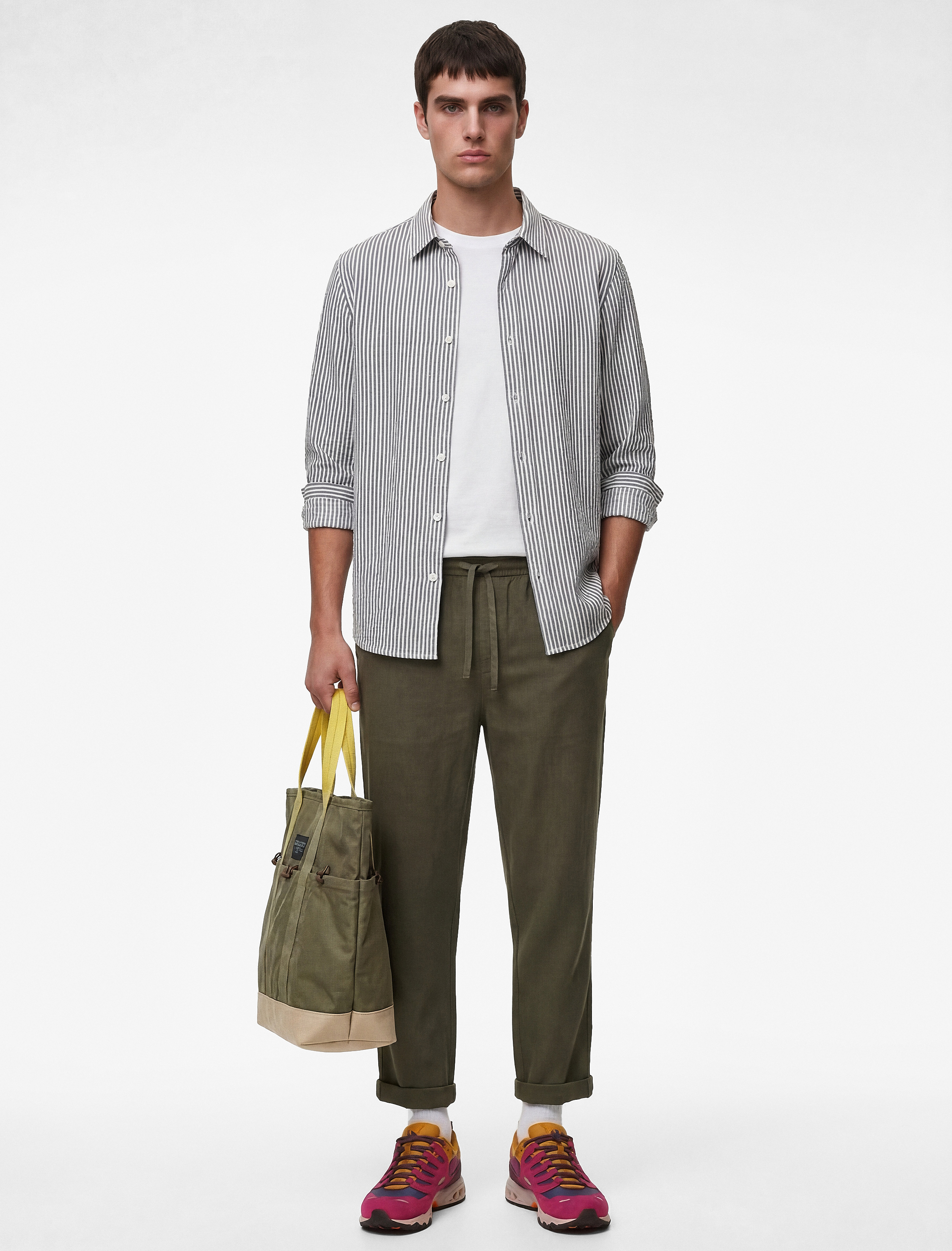 Regular Fit Viskon Karışımlı Düğmeli Gömlek Yaka Çizgili Uzun Kollu Gömlek - Görsel 2